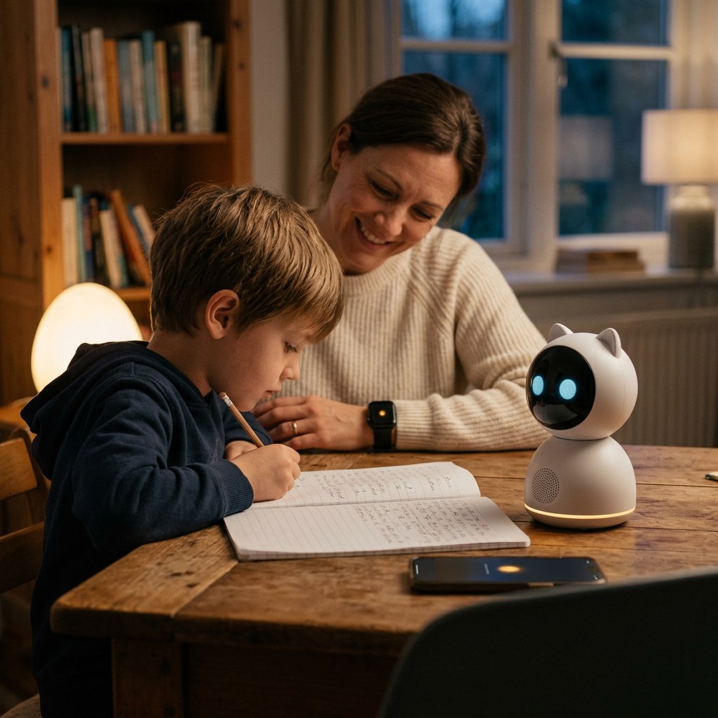 Homework at dusk: the child writes, the parent watches calmly — the EMORA desk robot, the parent's watch and the app all present in one quiet moment