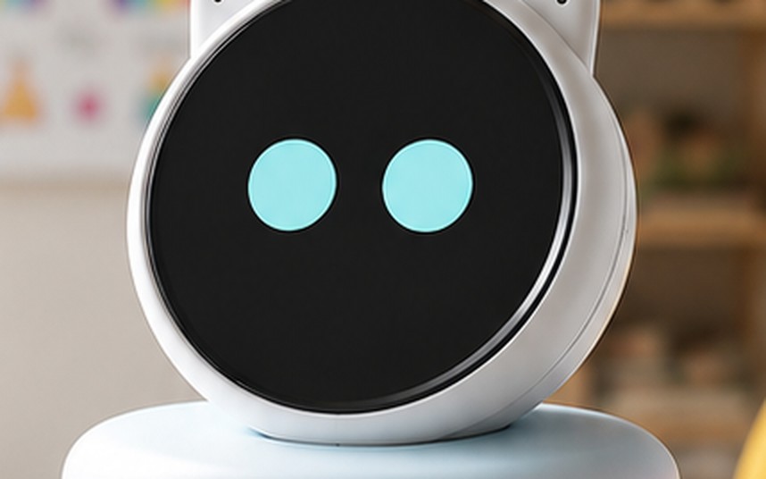Child side: the real EMORA device — cat-eared head, softly glowing eyes — watching over a child's desk