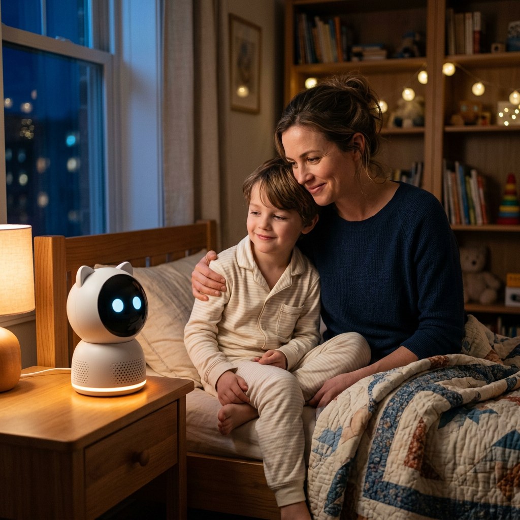 Night has settled: parent and child share a calm bedtime moment, EMORA glowing softly on the nightstand