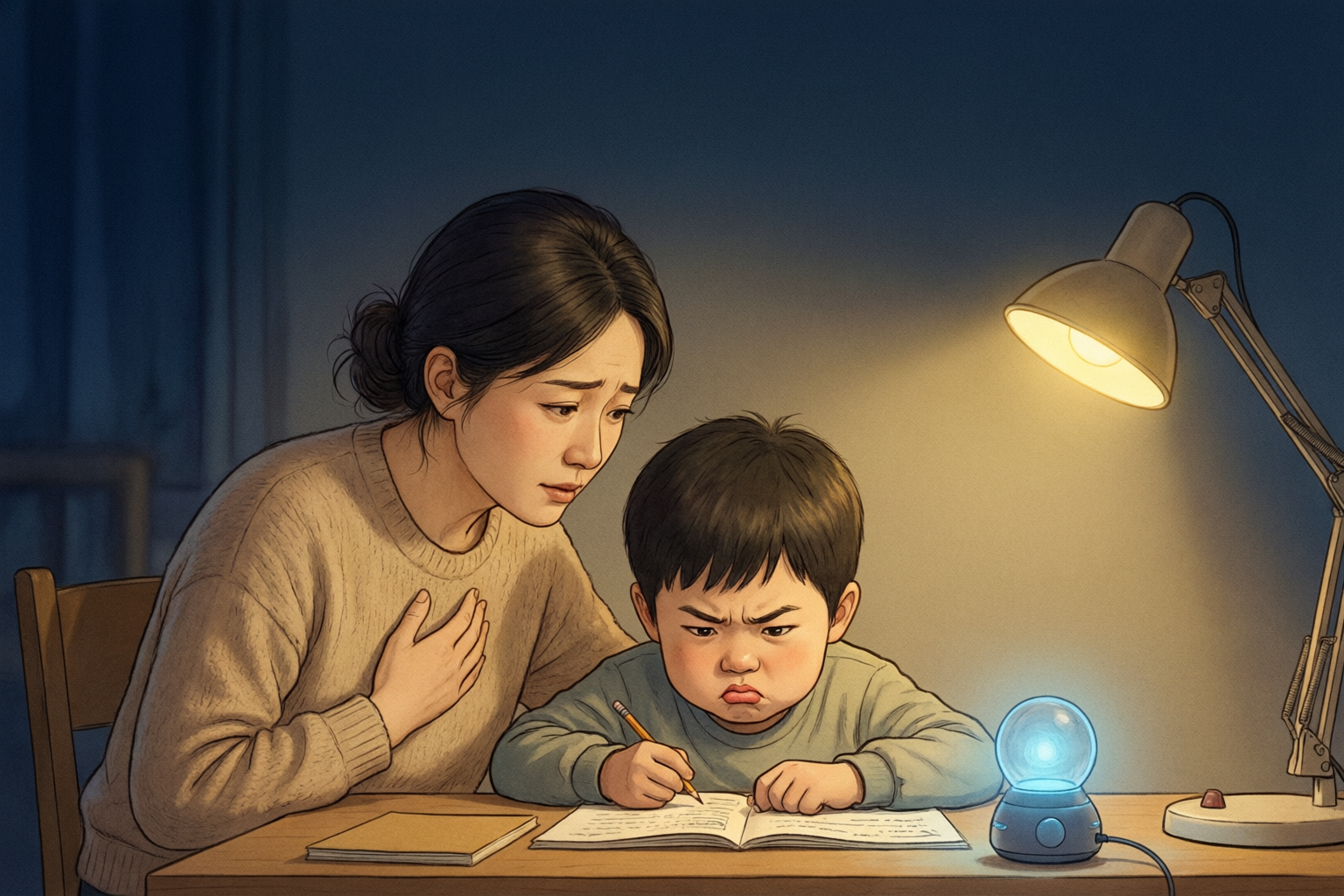 Homework at night: a mother beside her frowning child at the desk